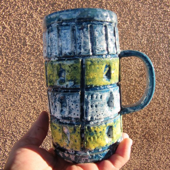Handmade Vintage Blue and Yellow Italian Lava Glaze Pitcher - Picture 1 of 5